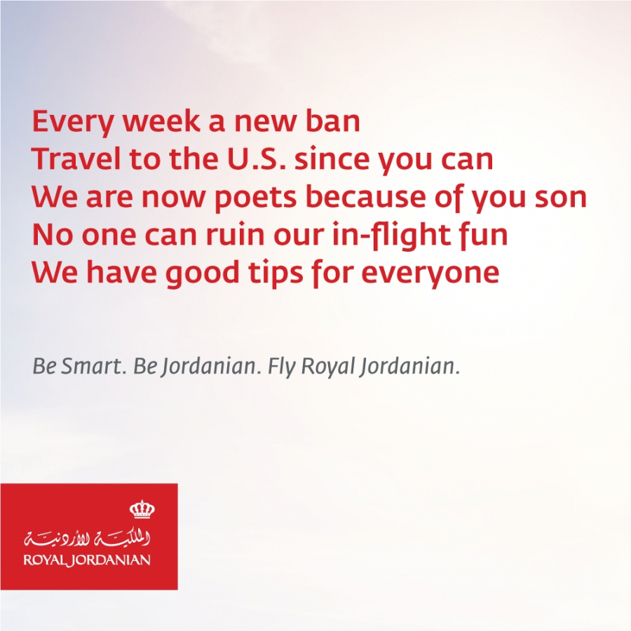 Wiersz umieszczony na Facebooku przez przewoźnika Royal Jordanian dotyczący dekretu zakazującego zabierania na pokład urządzeń elektrycznych.